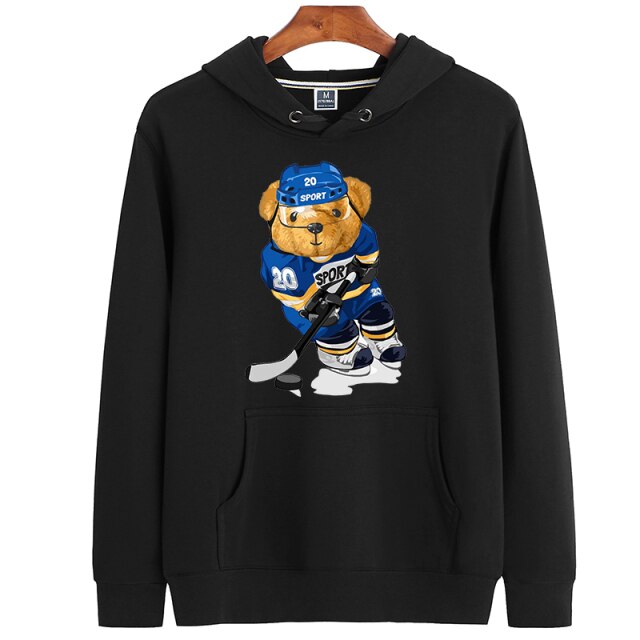 Ice Hockey Teddy Bear Print Casual Hoodie Warm Wool Loose Sport